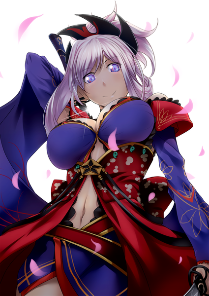 Anime picture 1021x1443 with fate (series) fate/grand order miyamoto musashi (fate) hagure neko single long hair tall image looking at viewer blush fringe breasts light erotic simple background smile hair between eyes large breasts white background purple eyes holding cleavage