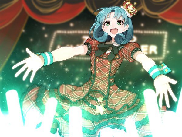 Anime picture 1200x900 with idolmaster idolmaster million live! tokugawa matsuri hitoto single looking at viewer short hair open mouth brown eyes blue hair spread arms girl dress frills crown
