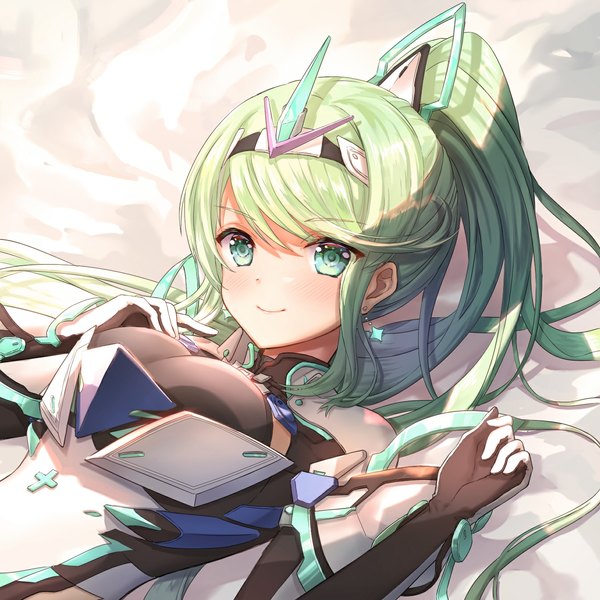 Anime picture 1350x1350 with xenoblade xenoblade 2 pneuma (xenoblade) luli ovo single long hair smile green eyes payot upper body ponytail lying green hair on back spoilers girl gloves earrings
