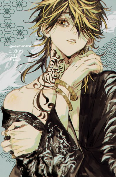Anime picture 1500x2292 with tokyo revengers hanemiya kazutora nekomaro single long hair tall image looking at viewer fringe black hair blonde hair brown eyes signed upper body parted lips multicolored hair hair over one eye off shoulder mole two-tone hair tattoo