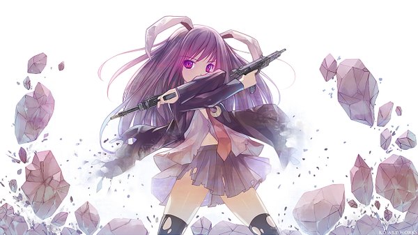 Anime picture 1300x731 with touhou reisen udongein inaba caidychen single long hair looking at viewer fringe simple background wide image white background purple eyes holding animal ears purple hair long sleeves pleated skirt open clothes bunny ears open shirt zettai ryouiki