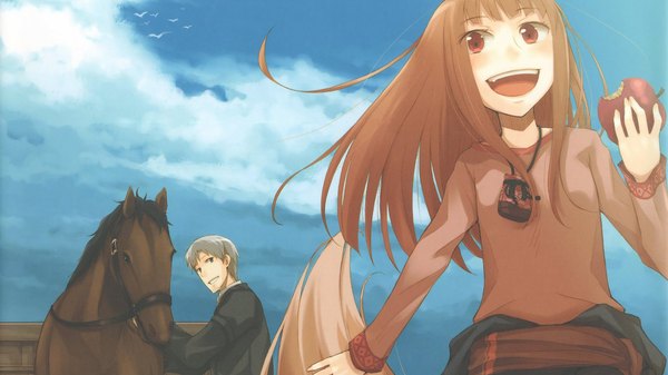 Anime picture 1920x1080 with spice and wolf horo craft lawrence single long hair highres blue eyes red eyes brown hair wide image animal ears sky silver hair cloud (clouds) tail wolf ears wolf tail wolf girl girl boy