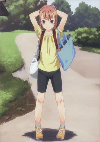 Anime picture 3380x4800 with original sody (artist) single tall image looking at viewer highres short hair brown hair brown eyes absurdres scan arms behind head girl plant (plants) tree (trees) bag bike shorts