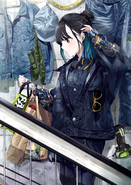 Anime picture 1200x1694 with original chobe 2 single tall image blush fringe short hair black hair smile standing yellow eyes payot blue hair looking away long sleeves nail polish profile arm up fingernails open jacket