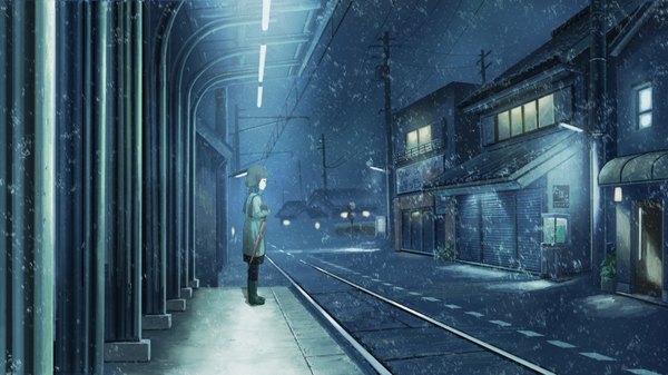 Anime picture 1440x810 with original topipan single wide image wind night snowing winter street waiting girl plant (plants) scarf umbrella cloak child (children) house traffic sign train station