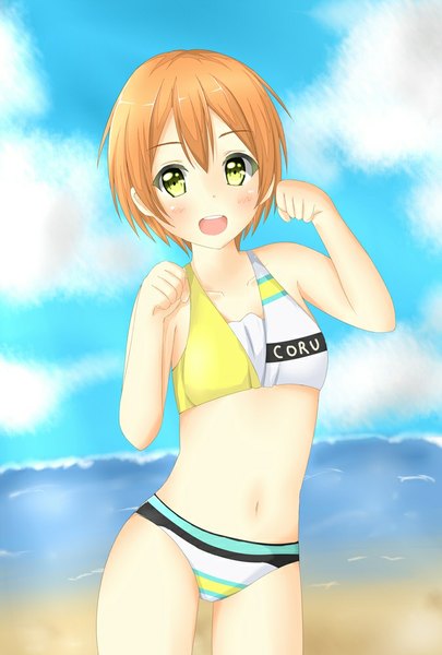 Anime-Bild 675x1000 mit love live! school idol project sunrise (studio) love live! hoshizora rin tear yu single tall image looking at viewer fringe short hair open mouth smile yellow eyes sky cloud (clouds) orange hair girl navel swimsuit