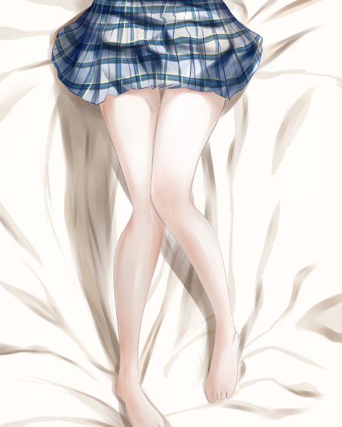 Anime-Bild 2000x2500 mit original ldm single tall image highres bent knee (knees) lying pleated skirt shadow on back no shoes legs thigh gap plaid skirt close-up head out of frame girl skirt pantyhose bedsheet