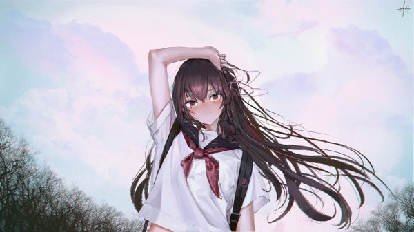 Anime picture 1280x719 with original tifg39 single long hair looking at viewer blush fringe hair between eyes brown hair wide image brown eyes signed payot sky cloud (clouds) upper body outdoors light smile wind midriff