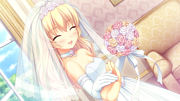 Anime picture 1280x720 with natsu koi high pressure hoshina hime sayori long hair blush breasts open mouth blonde hair smile wide image bare shoulders game cg sky cloud (clouds) eyes closed flat chest dress gloves flower (flowers) ribbon (ribbons)