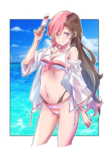 Anime picture 1125x1600 with rwby rooster teeth neopolitan (rwby) iesupa single long hair tall image looking at viewer breasts light erotic smile brown hair holding brown eyes pink hair pink eyes multicolored hair off shoulder two-tone hair wet