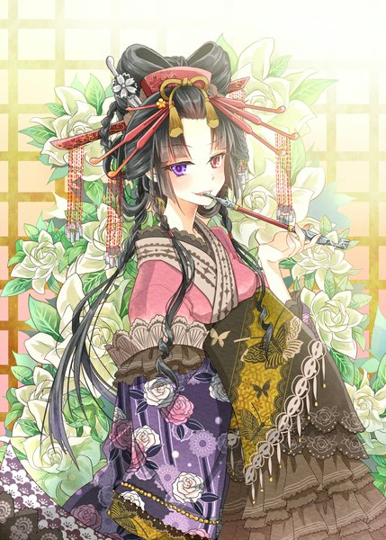 Anime picture 738x1032 with original nekozuki yuki single long hair tall image looking at viewer black hair heterochromia girl dress hair ornament flower (flowers) pipe kiseru