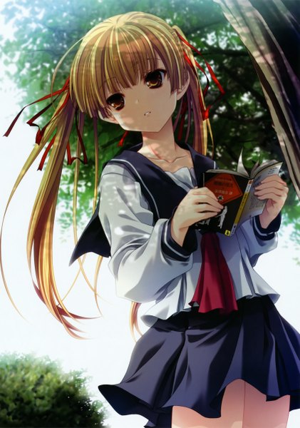 Anime picture 3376x4807 with miyama zero single tall image highres blonde hair twintails absurdres orange eyes girl plant (plants) tree (trees) serafuku book (books)