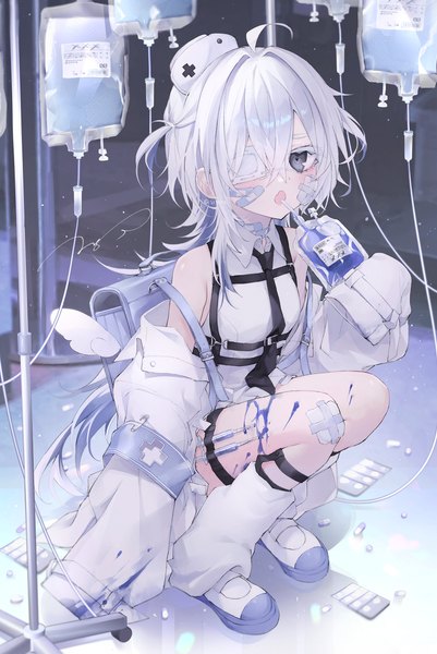 Anime picture 3298x4929 with original si10ra single long hair tall image looking at viewer blush highres open mouth bare shoulders holding payot absurdres silver hair full body ahoge indoors long sleeves wide sleeves grey eyes