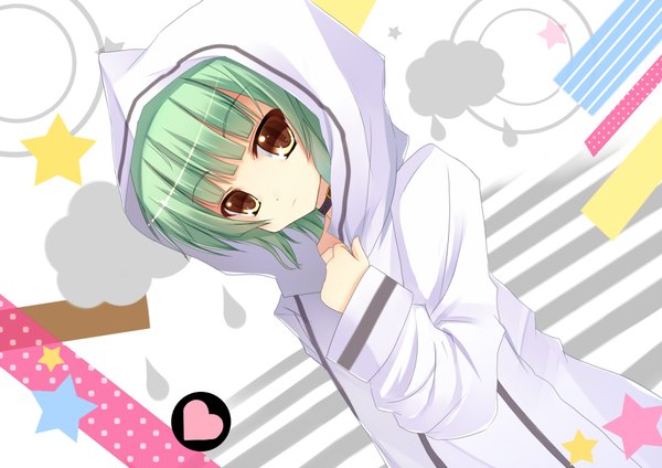 Anime picture 1838x1300 with vocaloid cat food (vocaloid) hatsune miku if (asita) single highres short hair brown eyes green hair girl hood