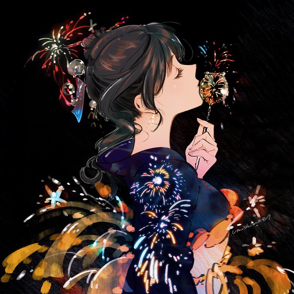 Anime-Bild 1680x1680 mit original kaisen single long hair black hair holding signed upper body eyes closed traditional clothes japanese clothes profile fireworks girl kimono obi sash