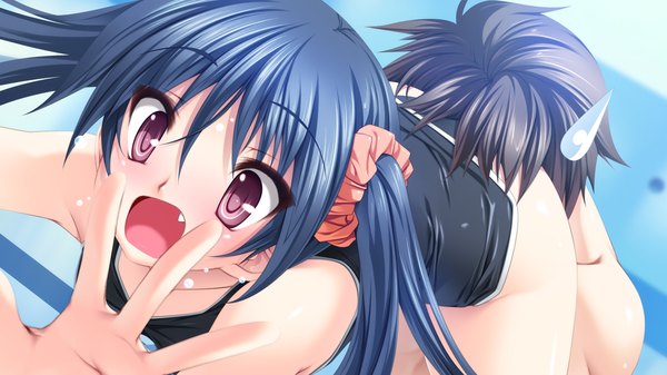 Anime picture 1280x720 with dolphin divers nangou tsukimi senomoto hisashi long hair open mouth light erotic black hair red eyes wide image twintails game cg teeth fang (fangs) girl boy swimsuit