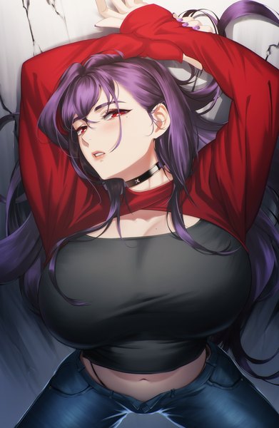 Anime picture 3000x4609 with original blueorca single long hair tall image looking at viewer blush fringe highres breasts light erotic hair between eyes red eyes purple hair long sleeves nail polish parted lips head tilt fingernails mole