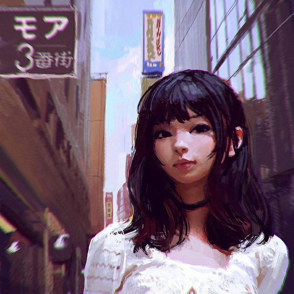 Anime picture 900x900 with original ilya kuvshinov kr0npr1nz single long hair looking at viewer fringe black hair outdoors black eyes city portrait street real world location tokyo girl dress choker building (buildings)