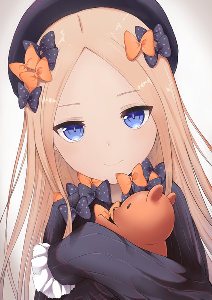 Anime picture 2508x3541 with fate (series) fate/grand order abigail williams (fate) coraman single long hair tall image looking at viewer highres blue eyes simple background blonde hair smile white background holding upper body sleeves past wrists portrait girl bow