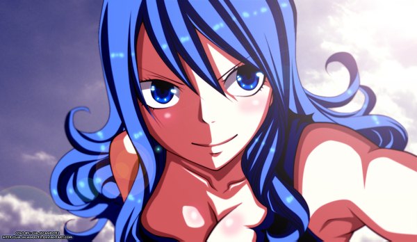 Anime picture 1350x783 with fairy tail juvia lockser seireiart single long hair blue eyes smile wide image blue hair sky cloud (clouds) sunlight coloring portrait girl