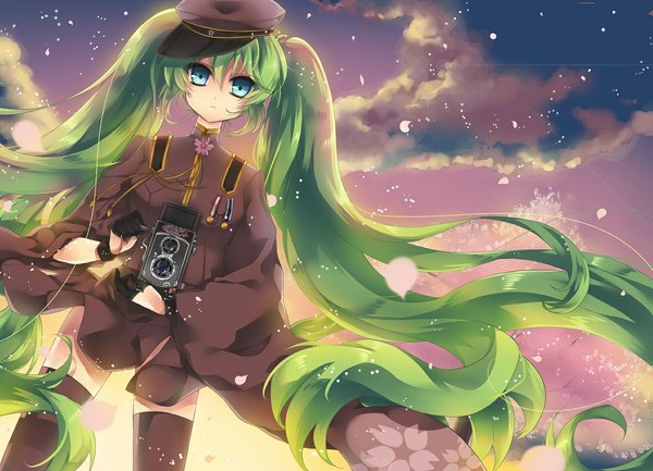 Anime picture 1177x850 with vocaloid hatsune miku ceru single looking at viewer blue eyes twintails sky cloud (clouds) very long hair green hair girl thighhighs gloves uniform black thighhighs petals military uniform peaked cap