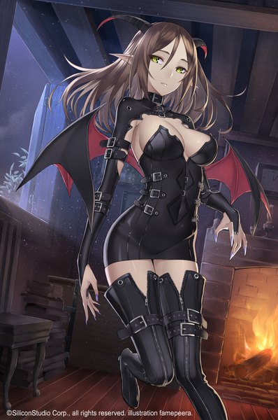 Anime picture 631x950 with age of ishtaria fame peera single long hair tall image fringe breasts light erotic hair between eyes brown hair large breasts standing green eyes signed looking away cleavage indoors nail polish horn (horns) fingernails