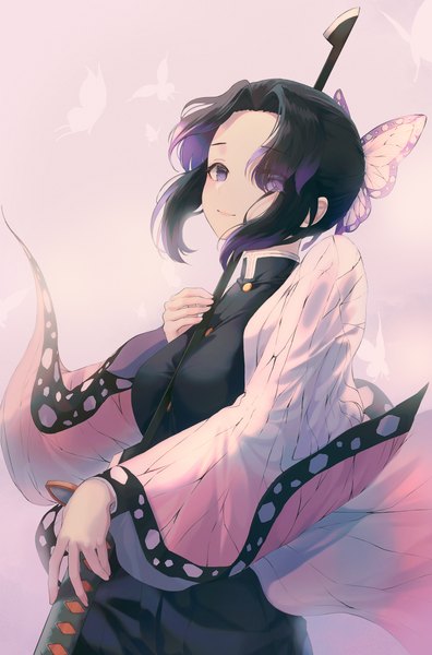 Anime picture 1500x2272 with kimetsu no yaiba ufotable kochou shinobu worl a single tall image looking at viewer fringe short hair breasts black hair simple background smile standing purple eyes holding payot traditional clothes japanese clothes multicolored hair