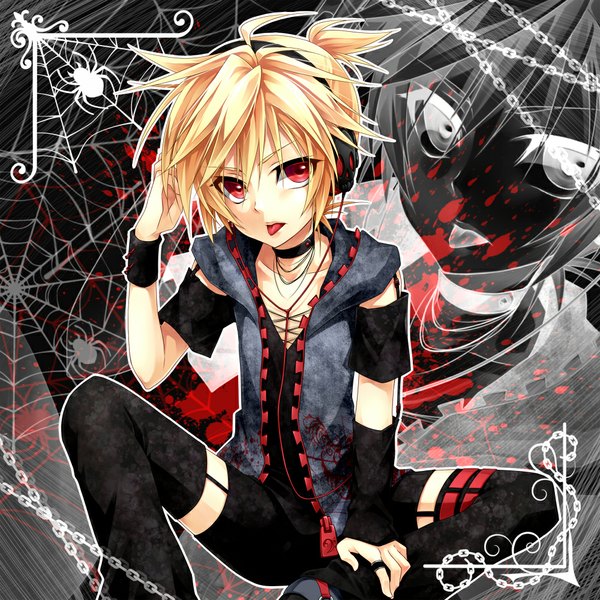 Anime picture 1000x1000 with vocaloid kagamine len single short hair blonde hair red eyes shadow :p thighhighs boy black thighhighs detached sleeves tongue headphones chain jewelry ring collar spider web spider