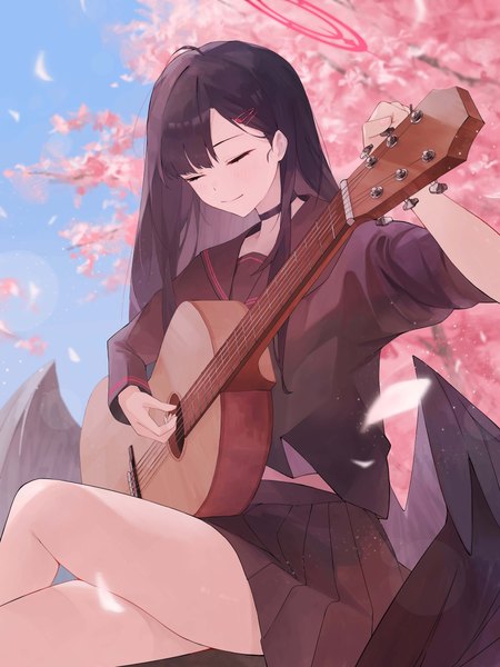 Anime picture 4500x6000 with blue archive ichika (blue archive) randouworks single long hair tall image highres black hair smile sitting absurdres outdoors eyes closed crossed legs cherry blossoms black wings girl uniform plant (plants) petals