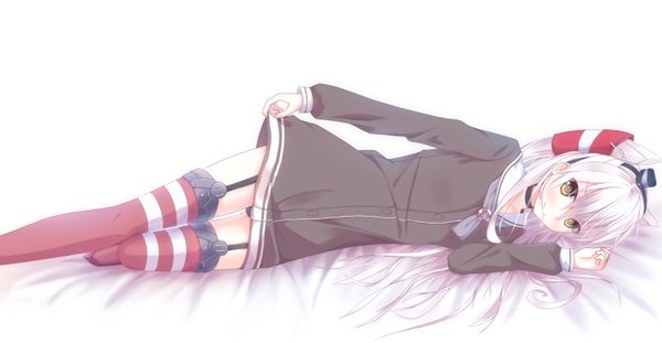 Anime picture 1605x832 with kantai collection amatsukaze destroyer nagishiro mito single long hair looking at viewer blush light erotic wide image white background brown eyes white hair lying two side up zettai ryouiki girl thighhighs hat hair tubes mini hat