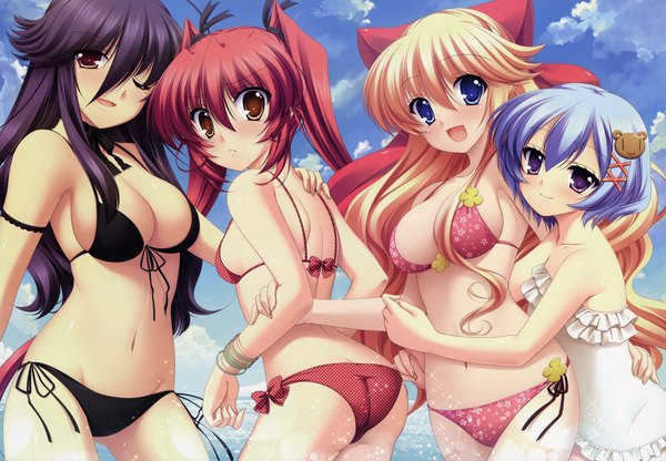 Anime picture 6014x4174 with mercuria (game) takamori himiko fiorelia inbrulia elnestina madry tsurugi ai mitsumomo mamu long hair looking at viewer blush fringe highres short hair breasts blue eyes light erotic black hair blonde hair hair between eyes large breasts twintails