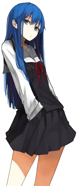 Anime picture 607x1360 with original miruto netsuki single long hair tall image looking at viewer blue eyes simple background white background blue hair hands in pockets girl skirt hair ornament miniskirt hairpin (hairpins)