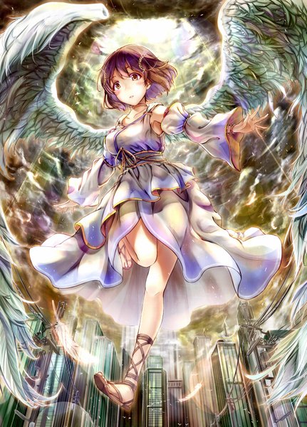 Anime picture 1253x1743 with idolmaster hagiwara yukiho izuki (toneya) single tall image blush short hair breasts brown hair brown eyes looking away bent knee (knees) nail polish parted lips sunlight wide sleeves from below armpit (armpits) city flying