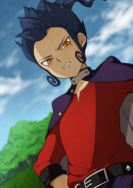 Anime picture 800x1130 with inazuma eleven inazuma eleven go tsurugi kyosuke yamaki suzume single tall image looking at viewer blush short hair yellow eyes blue hair sky cloud (clouds) from below hand on hip boy cape