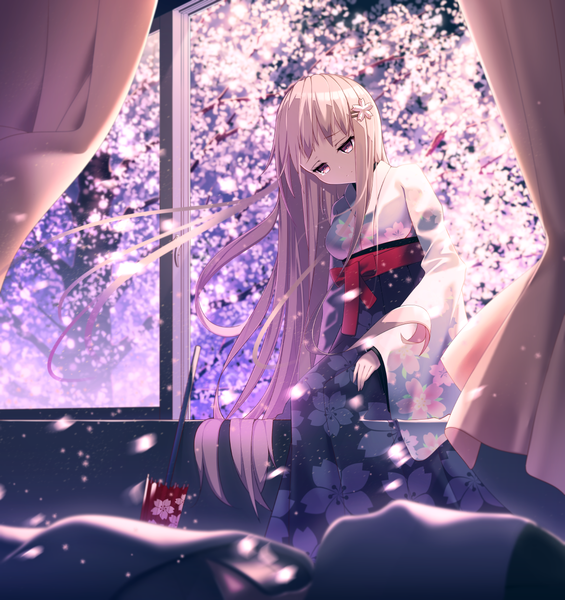 Anime picture 1171x1244 with original kyouou ena long hair tall image blonde hair sitting indoors traditional clothes head tilt japanese clothes pink eyes hair flower wind wide sleeves cherry blossoms floral print looking down solo focus hand on knee closed umbrella
