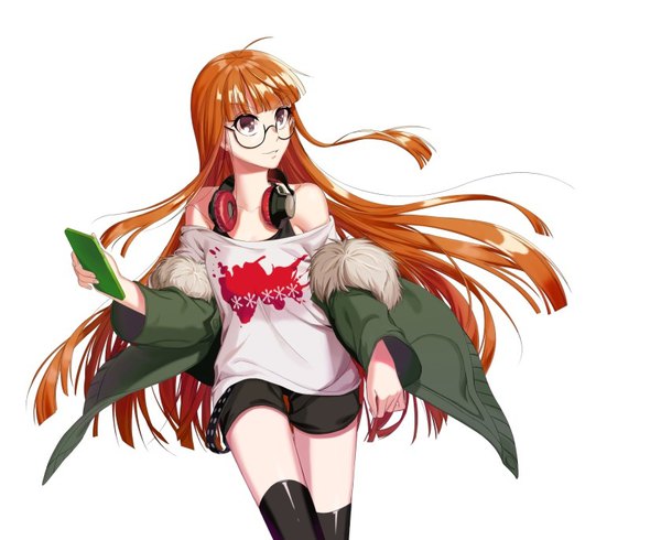 Anime picture 840x687 with persona 5 persona sakura futaba lemonpear single long hair fringe simple background white background purple eyes looking away ahoge blunt bangs orange hair open jacket headphones around neck girl thighhighs black thighhighs glasses