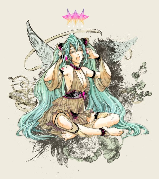 Anime picture 1969x2203 with vocaloid hatsune miku kanamori (pixiv) single long hair tall image highres open mouth sitting twintails nail polish barefoot aqua eyes aqua hair inscription armpit (armpits) indian style singing hands on head girl