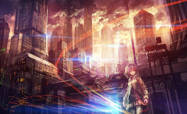 Anime picture 1300x792 with original lm7 (op-center) single short hair blue eyes wide image silver hair city girl skirt miniskirt jacket building (buildings) tokyo tower