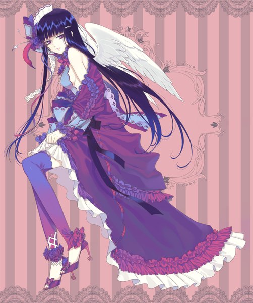 Anime picture 1254x1500 with original enk single long hair tall image purple eyes bare shoulders purple hair angel wings girl dress hair ornament wings