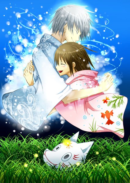 Anime picture 850x1200 with hotarubi no mori e gin (hotarubi no mori e) takegawa hotaru ichinoseyui tall image blush short hair open mouth smile brown hair payot upper body white hair eyes closed long sleeves traditional clothes japanese clothes profile night hug