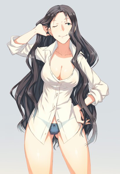 Anime picture 1600x2311 with original kamezaemon single long hair tall image breasts light erotic simple background smile brown hair large breasts green eyes one eye closed wink bare legs hand on hip adjusting hair twisty sleeves transparent naked shirt