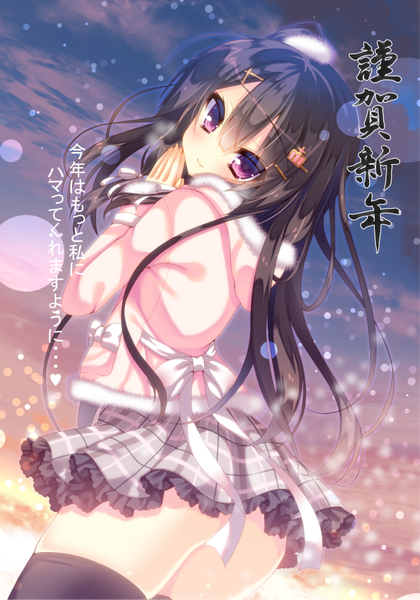 Anime picture 800x1142 with original nae-nae single long hair tall image looking at viewer blush fringe light erotic black hair smile hair between eyes purple eyes looking back inscription dutch angle hieroglyph snowing exhalation girl