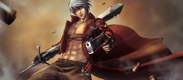 Anime picture 1586x699 with devil may cry dante (devil may cry) chiihun single short hair blue eyes wide image silver hair grey hair open clothes open jacket smoke brown background smoking gun boy gloves weapon sword jacket fingerless gloves