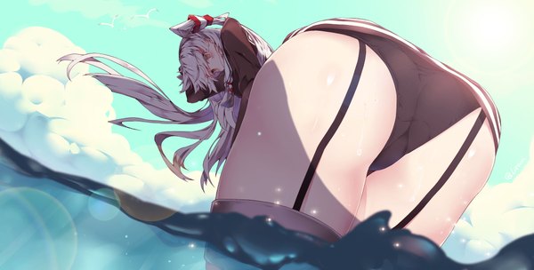 Anime picture 4269x2169 with kantai collection amatsukaze destroyer litsvn single long hair highres light erotic wide image yellow eyes absurdres sky cloud (clouds) ass from behind leaning two side up leaning forward partially submerged lens flare foreshortening
