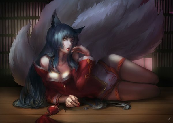 Anime picture 1500x1064 with league of legends ahri (league of legends) caviar xu (pixiv) single long hair looking at viewer fringe breasts bare shoulders animal ears yellow eyes blue hair tail lying nail polish animal tail arm support lipstick fox ears fox tail
