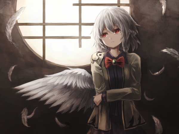 Anime picture 2938x2203 with touhou kishin sagume thkani single fringe highres short hair hair between eyes red eyes standing looking away white hair braid (braids) long sleeves open jacket expressionless white wings holding arm single wing girl