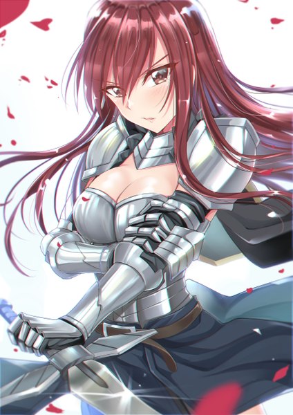 Anime-Bild 3507x4960 mit fairy tail erza scarlet gu li single long hair tall image looking at viewer blush fringe highres breasts light erotic simple background hair between eyes large breasts standing white background holding brown eyes payot