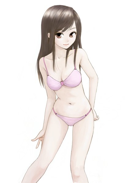 Anime picture 793x1164 with original erurodo (artist) single long hair tall image looking at viewer breasts light erotic simple background brown hair white background brown eyes legs hand on hip girl navel swimsuit