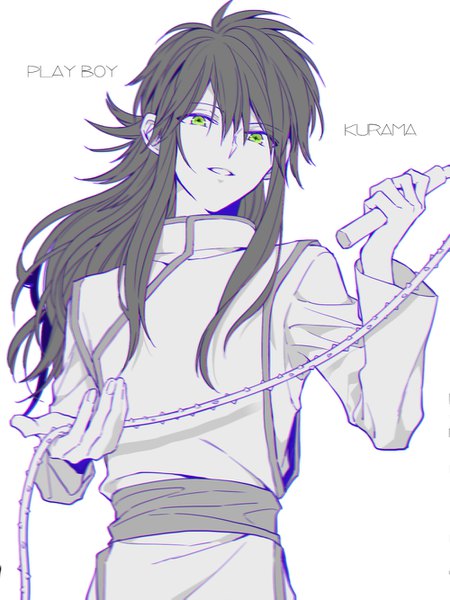 Anime picture 1000x1333 with yu yu hakusho kurama hoyano single long hair tall image looking at viewer fringe simple background hair between eyes white background green eyes upper body traditional clothes parted lips character names monochrome spot color boy whip