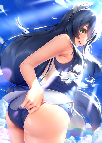 Anime picture 1500x2100 with kantai collection i-47 (kantai collection) jiangjin nanyun zhi (kumita) single long hair tall image looking at viewer blush fringe open mouth light erotic black hair hair between eyes standing green eyes signed sky cloud (clouds) outdoors ass